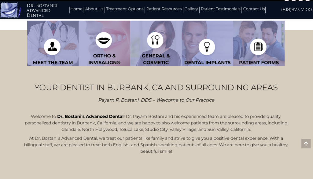 Dr. Bostani’s Advanced Dental website designed by Cyberset team