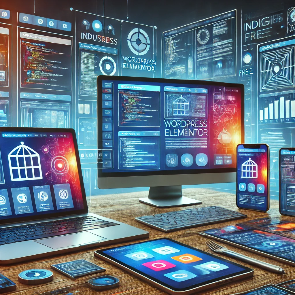 Modern web design scene showcasing various devices with industry-specific websites, highlighting WordPress Elementor Free's versatile and user-friendly interface.