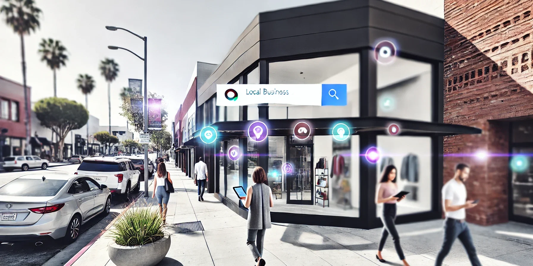 LA business district with local storefronts and a digital display showcasing local search engine optimization.