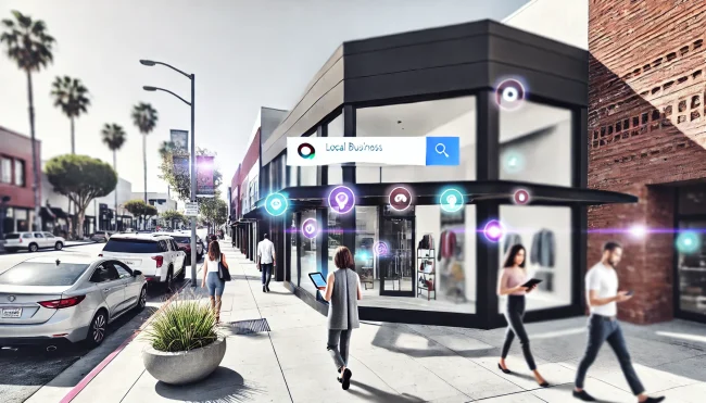 LA business district with local storefronts and a digital display showcasing local search engine optimization LA business district with local storefronts and a digital display showcasing local search engine optimization.