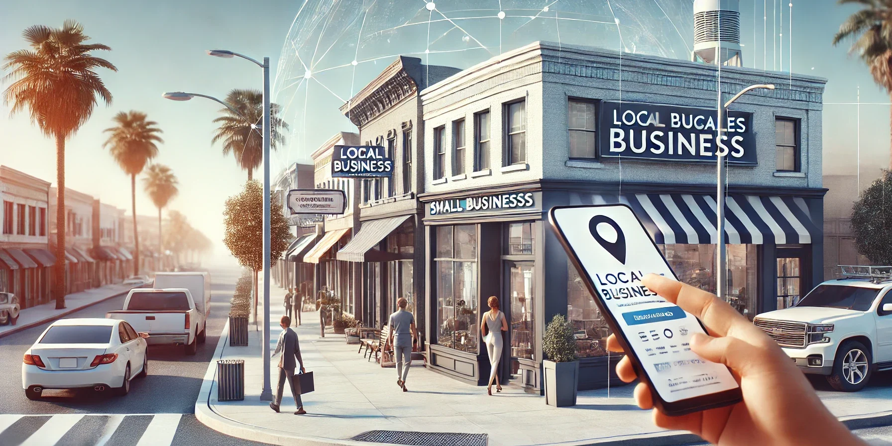 Local SEO Los Angeles scene with small businesses and digital search elements Local SEO Los Angeles scene with small businesses and digital search elements