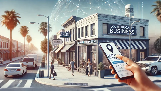 Local SEO Los Angeles scene with small businesses and digital search elements Local SEO Los Angeles scene with small businesses and digital search elements