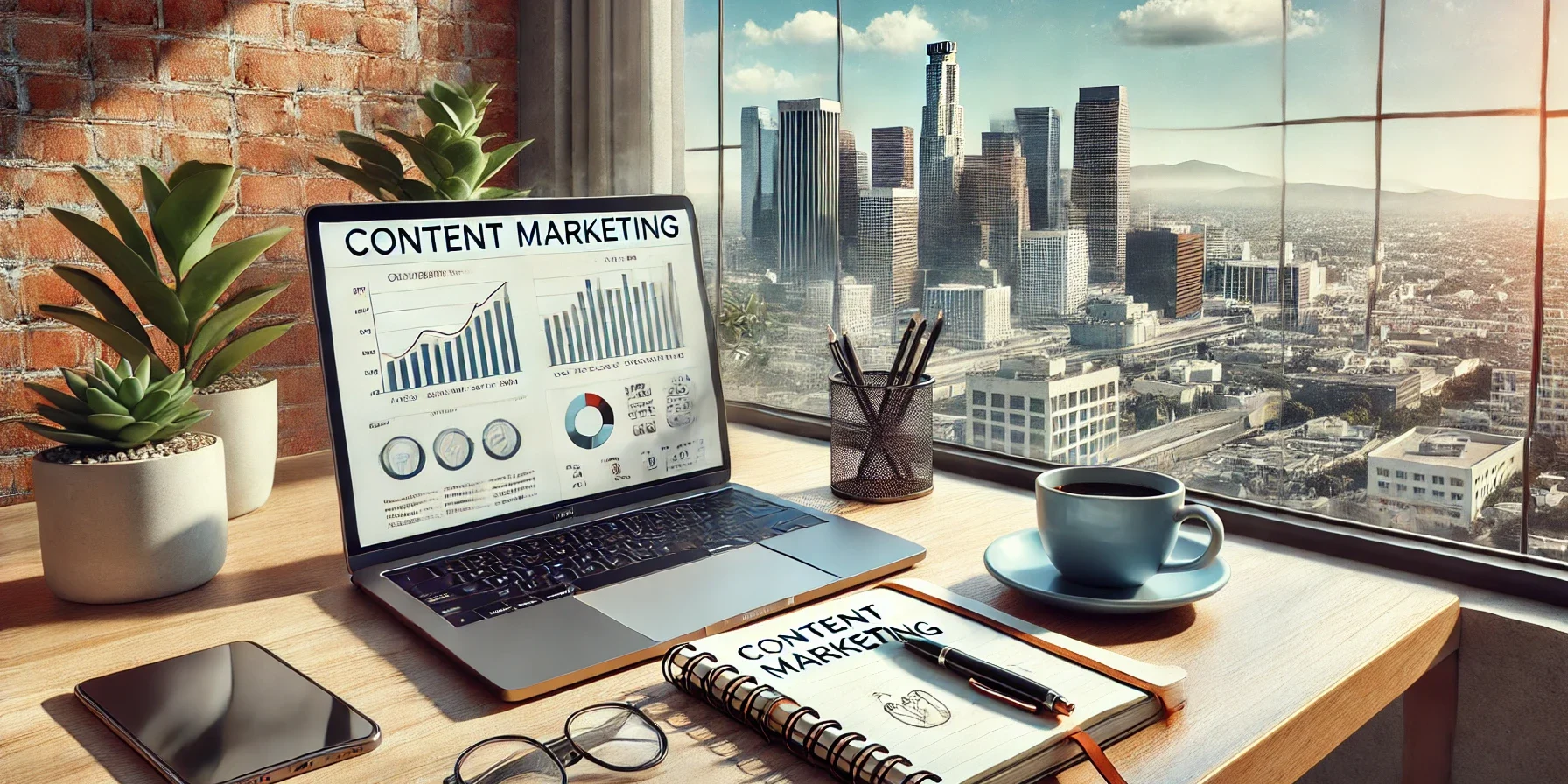 Creative workspace in Los Angeles with a laptop showing analytics, a notebook, and a sunny city skyline.