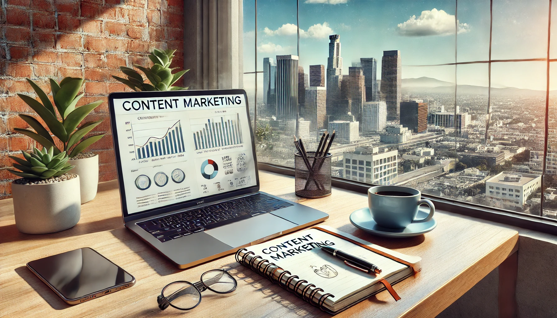 Creative workspace in Los Angeles with a laptop showing analytics, a notebook, and a sunny city skyline.
