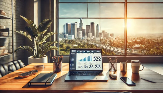 Modern office desk with laptop showing marketing dashboard, Los Angeles cityscape in background.