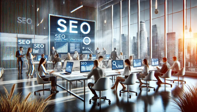 Modern office setting with diverse team working on SEO analytics, showcasing teamwork and digital marketing concepts Modern office setting with diverse team working on SEO analytics, showcasing teamwork and digital marketing concepts.