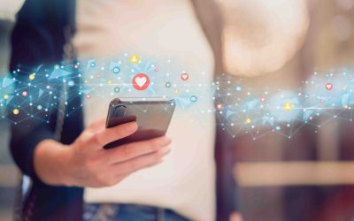Social media and digital online concept, woman using smartphone and show technology icon. woman using smartphone and show social media icons